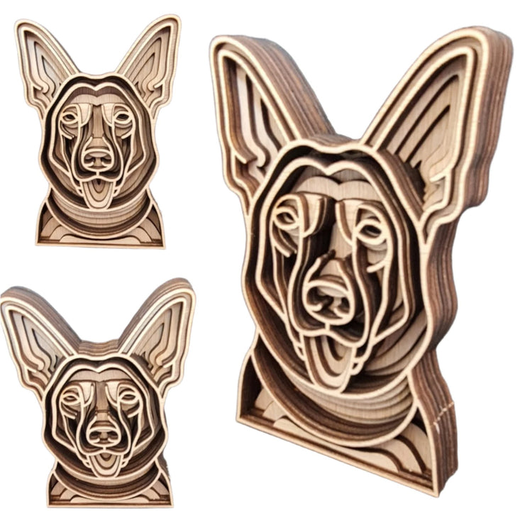  3D laser-cut representation of a German Shepherd dog, showcasing intricate details and craftsmanship.