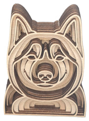 A wooden sculpture of a Husky dog, intricately carved to resemble a dog's head, showcasing fine craftsmanship.