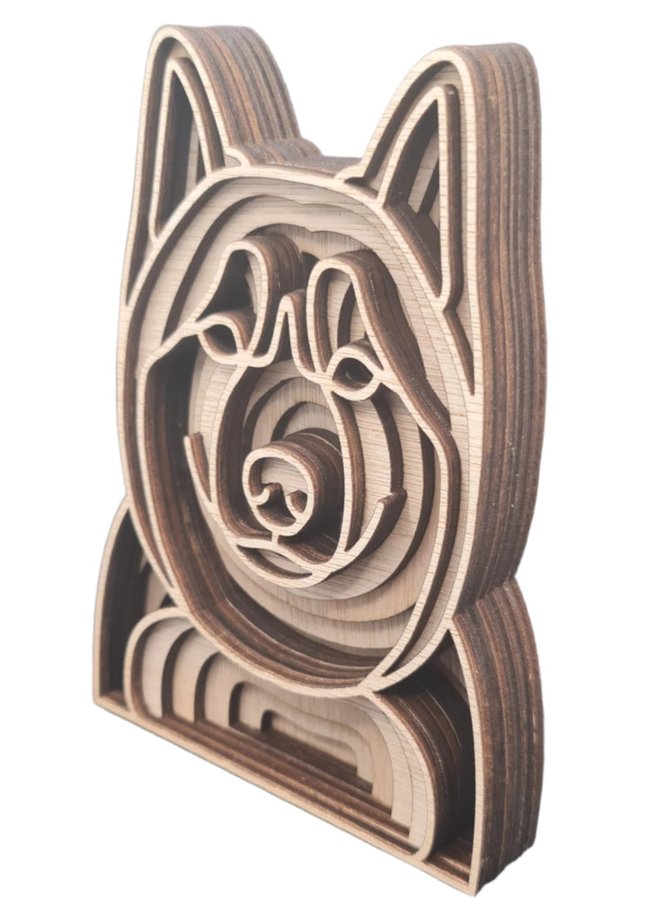 A wooden sculpture of a Husky dog, intricately carved to resemble a dog's head, showcasing fine craftsmanship.