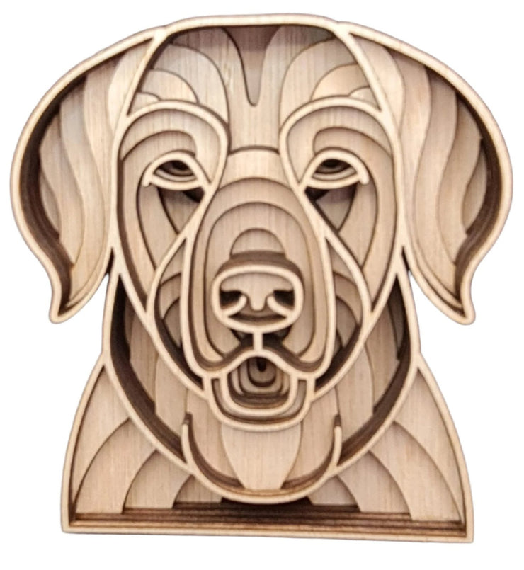 A wooden cutout of a Labrador dog's head, showcasing intricate craftsmanship and natural wood grain details.