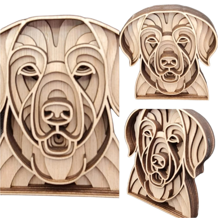 A wooden cutout of a Labrador dog's head, showcasing intricate craftsmanship and natural wood grain details.