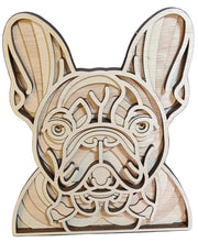 Wooden layered art piece depicting a stylized French Bulldog against a white background.