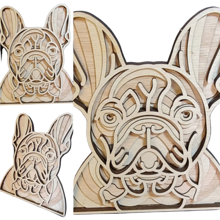 Wooden layered art piece depicting a stylized French Bulldog against a white background.