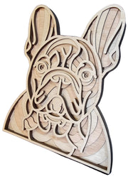 Wooden layered art piece depicting a stylized French Bulldog against a white background.