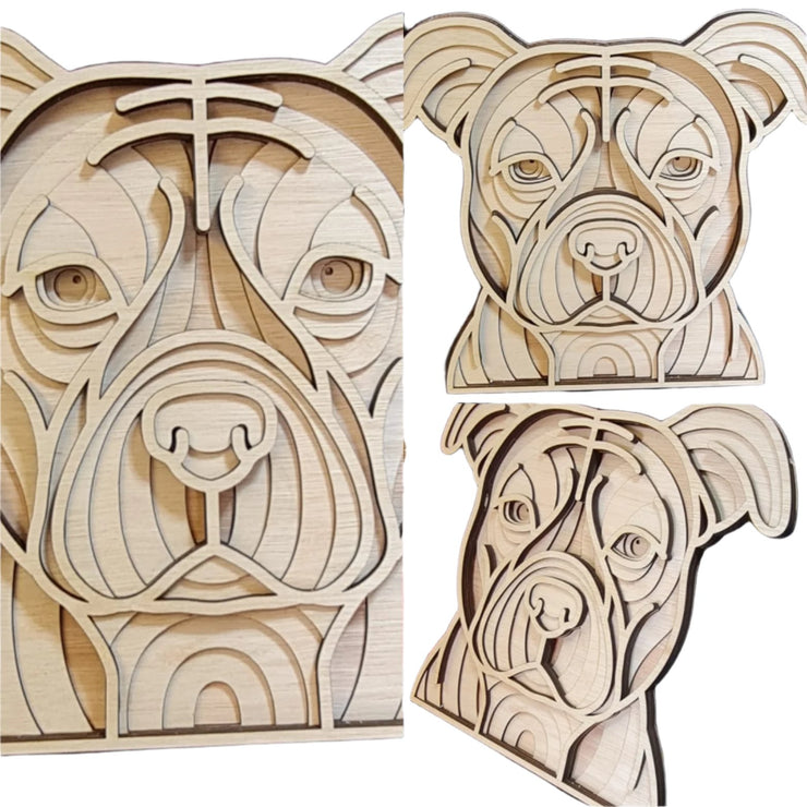 A wooden Staffordshire Bull Terrierdog head featuring a unique pattern of lines, showcasing craftsmanship and artistic design.